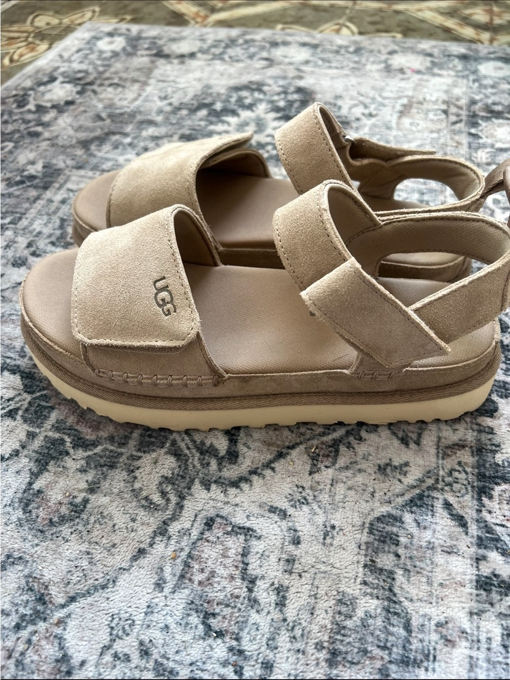 UGG Suede Strappy Platform Sandals in Light Tan
